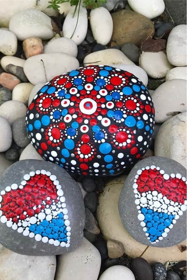 Red White & Blue Dot Painted Rocks