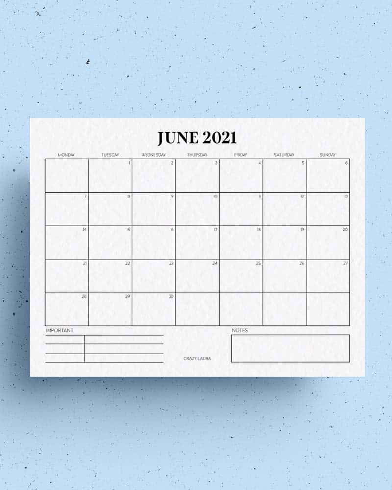 June Horizontal Calendar