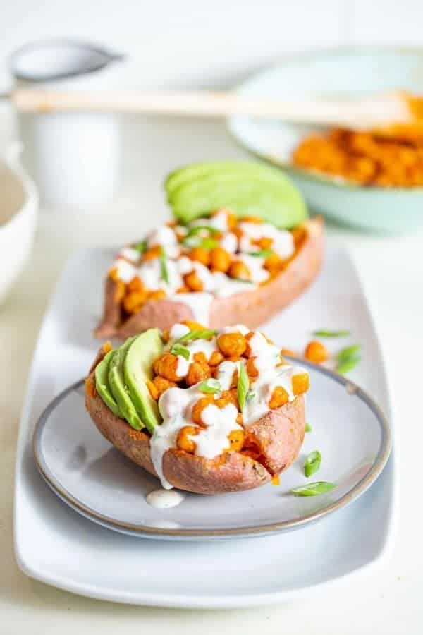 BUFFALO CHICKPEA STUFFED SWEET POTATOES