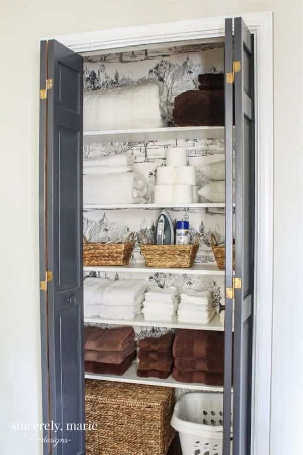 Linen Closet Storage With Wallpaper