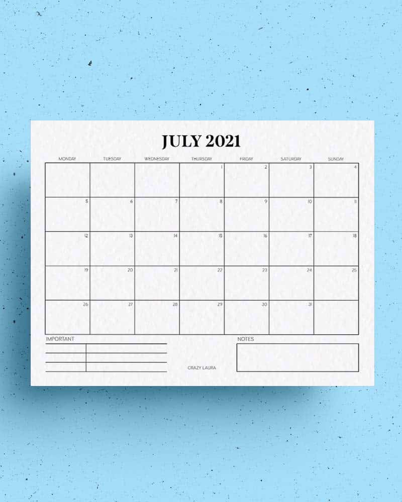 July Horizontal Calendar