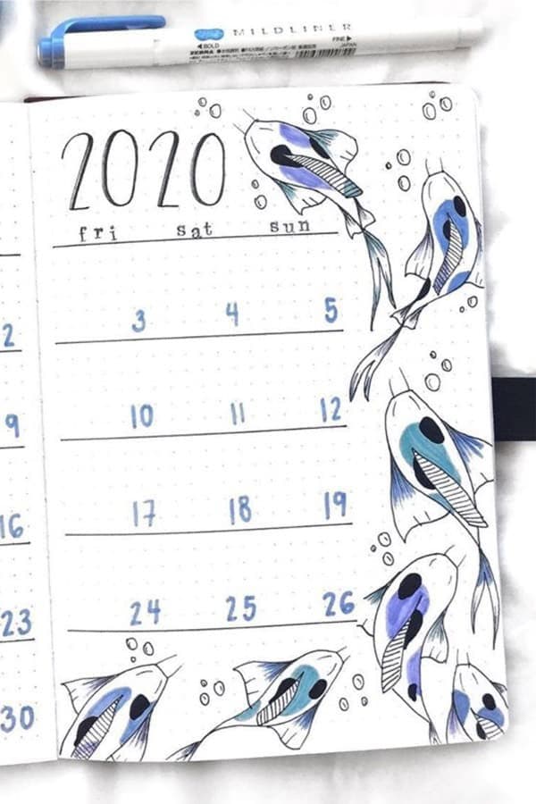 Blue Koi Fish Monthly Spread