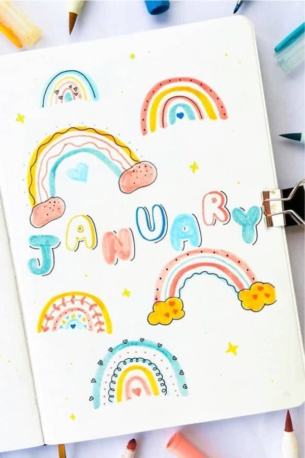 January Rainbow Doodle Bujo Cover