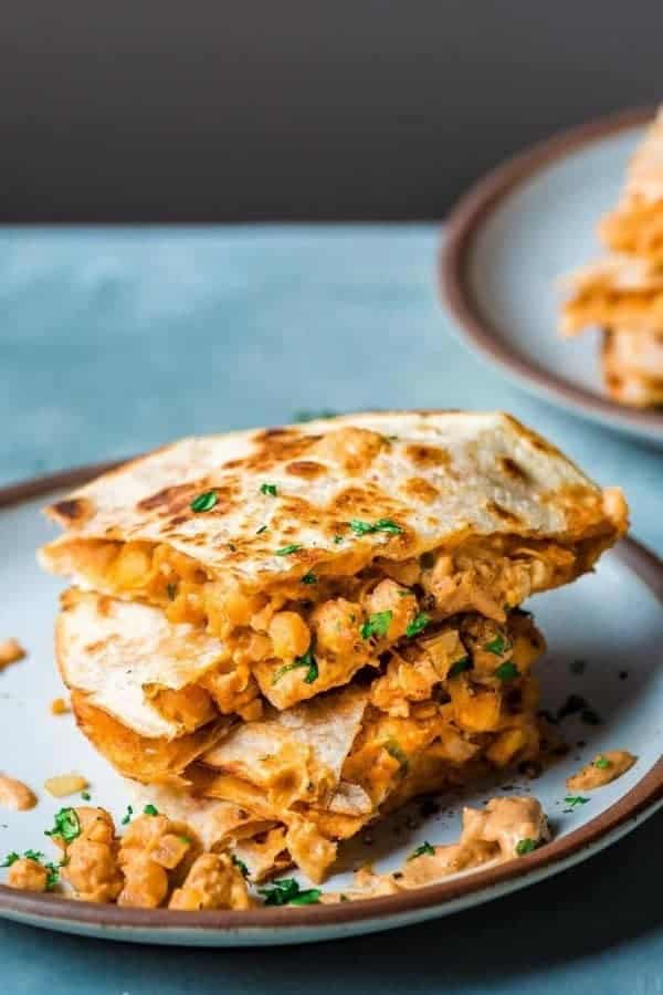 VEGAN BUFFALO CHICKPEA QUESADILLAS