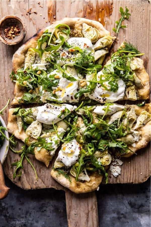 Artichoke Pesto and Burrata Pizza with Lemony Arugula.