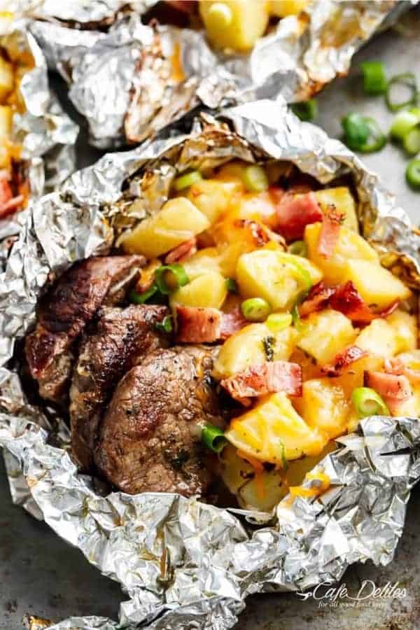 Garlic Steak & Cheesy Bacon Potato Hash Foil Packs