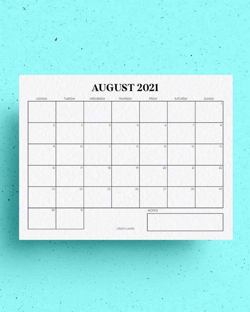 August Horizontal Calendar