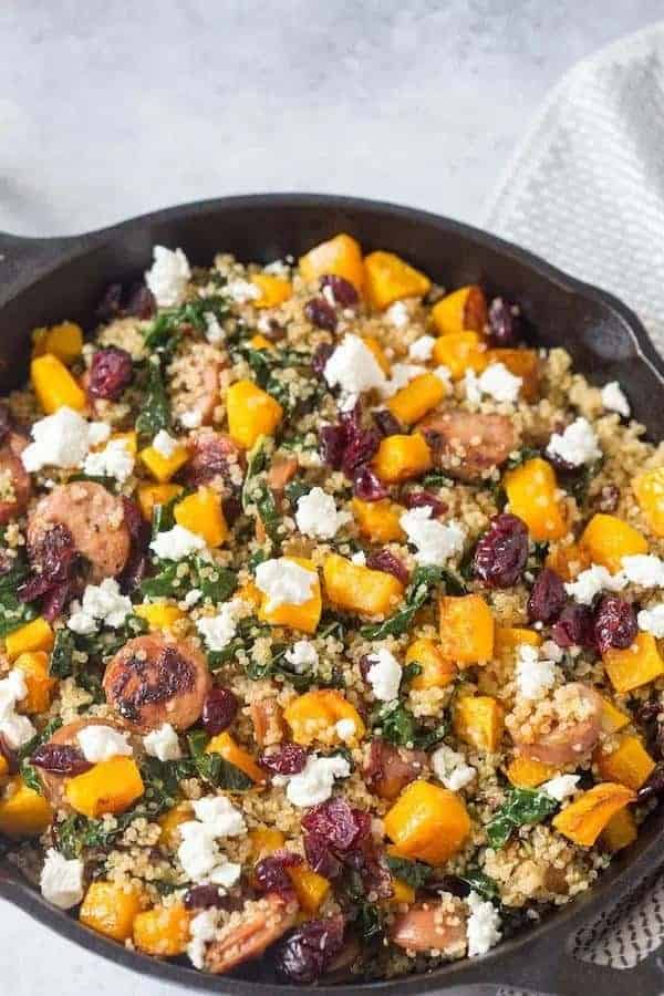 BUTTERNUT SQUASH, SAUSAGE, AND KALE QUINOA SKILLET