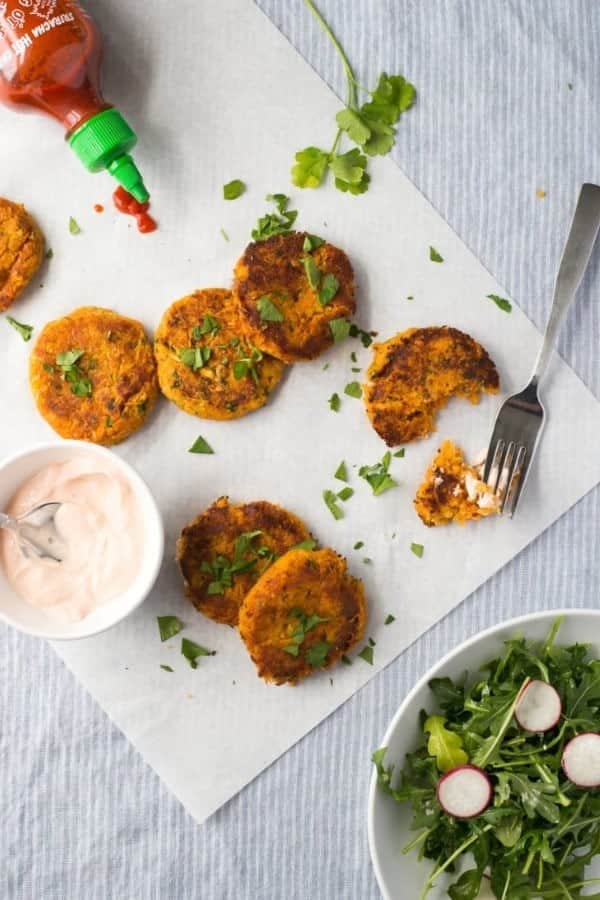 SWEET POTATO CHICKPEA PATTIES WITH SRIRACHA YOGURT DIP