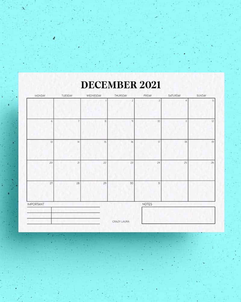 December Horizontal Calendar