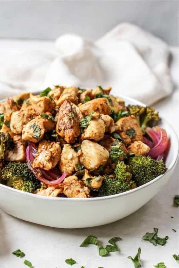 Sheet Pan Balsamic Basil Chicken Cauliflower Rice Bowl