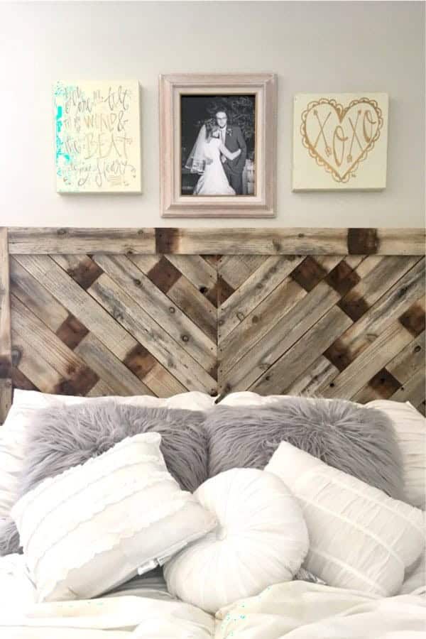 DIY Pallet Wood Herringbone Headboard