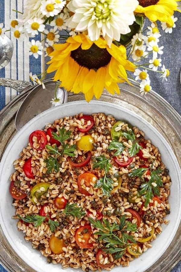 FARRO & TOMATO SALAD WITH CRISPY CAPERS