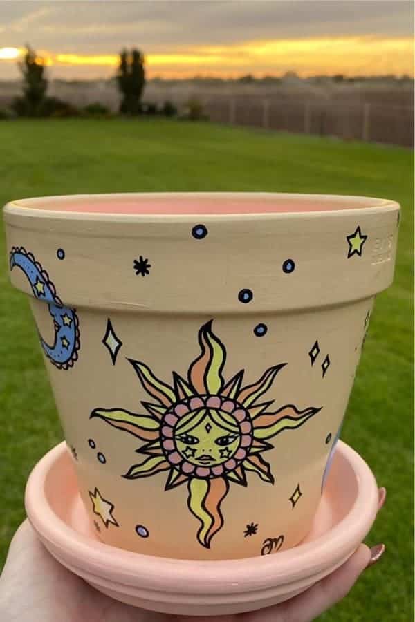 Painted Flower Pot With Moon & Sun