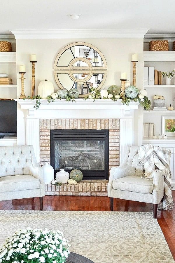 GREENERY AND WHITE PUMPKINS MANTEL