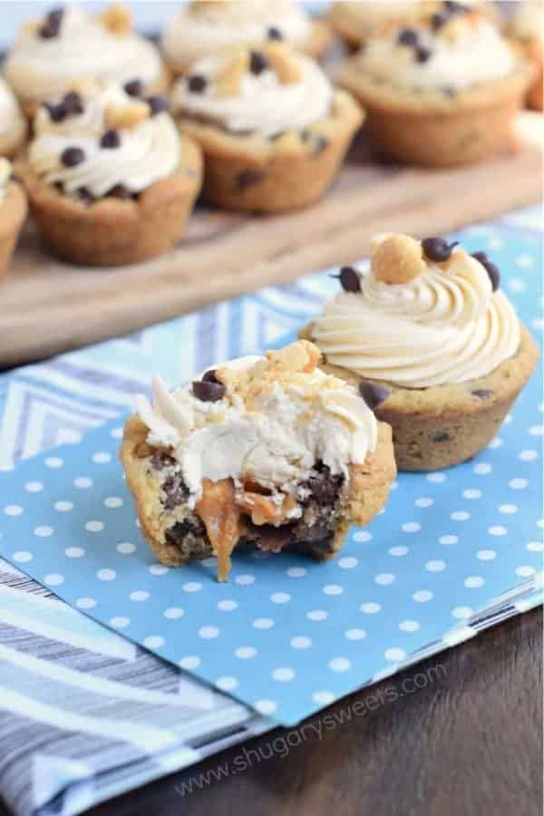 Snickers Cookie Cups with Caramel Frosting