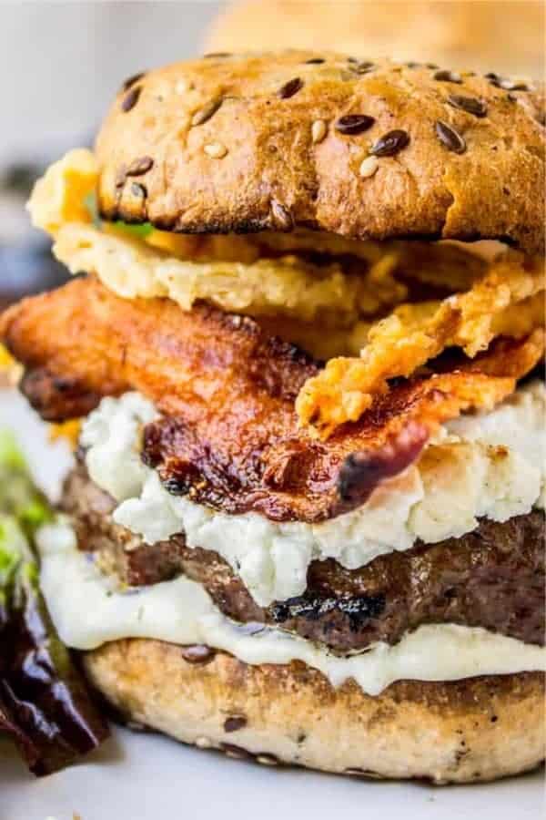 Bacon and Goat Cheese Aioli Burger with Crispy Onions