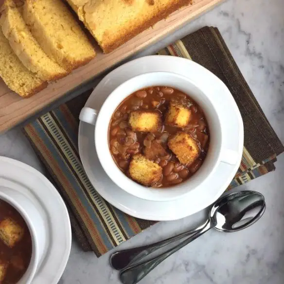 15 Bean Soup with Cornbread Croutons