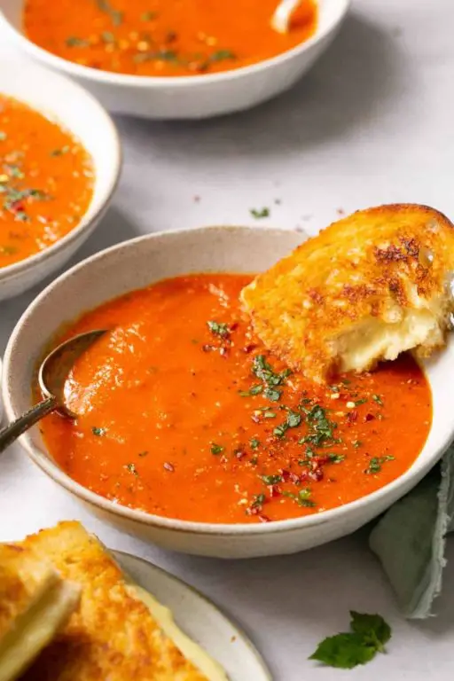 Creamy Tomato Basil Soup with Grilled Cheese
