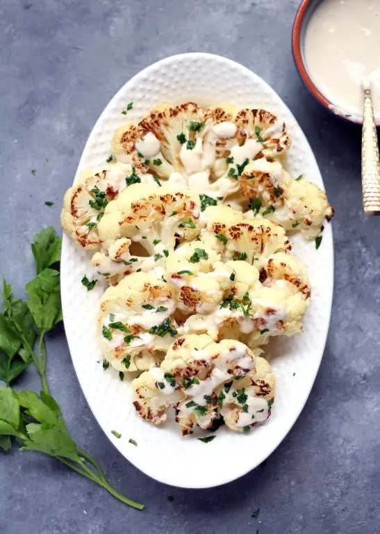 Fried Cauliflower with Garlic Tahini Sauce