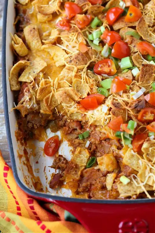 Frito Taco Pie with Refried Beans and Cheese