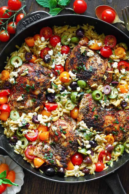 Greek Chicken Thighs with Orzo and Tomatoes