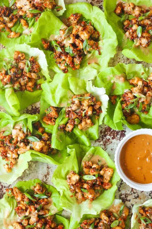 Ground Chicken Lettuce Wraps with Peanut Sauce