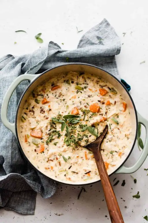 Hearty Chicken and Wild Rice Soup with herbs
