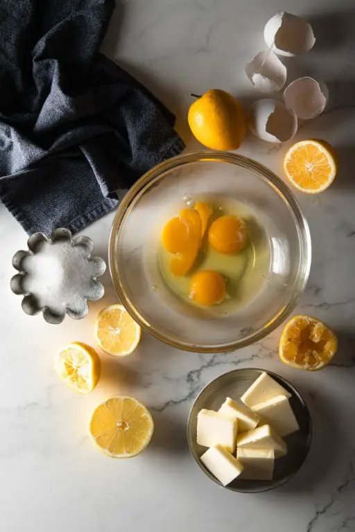 Lemon Curd using lemons, sugar, and eggs.