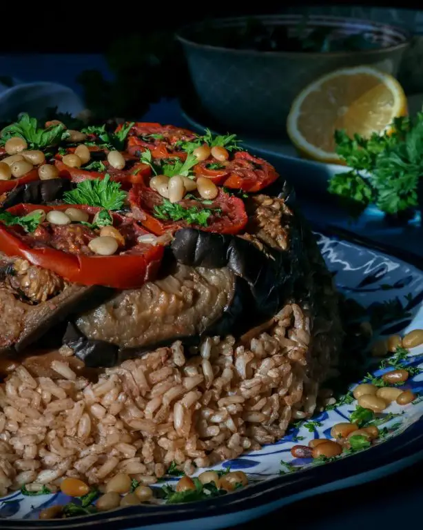 Makloubeh (Layered Eggplant and Rice Dish)