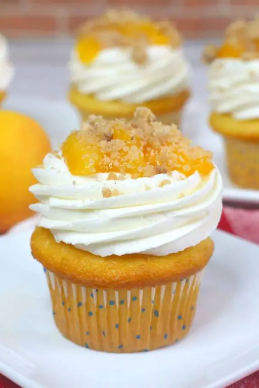 Peach Cobbler Filled Vanilla Cupcakes