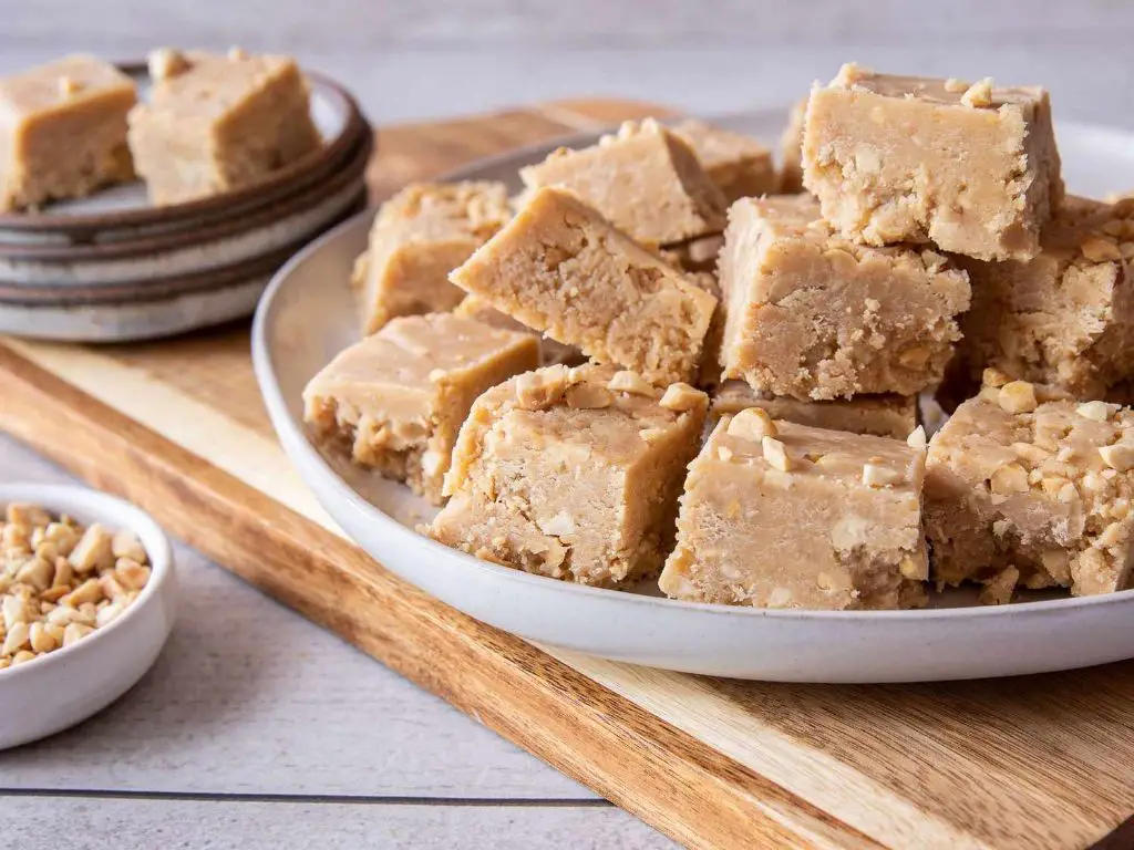 Peanut Butter Fudge using peanut butter, condensed milk, and vanilla.