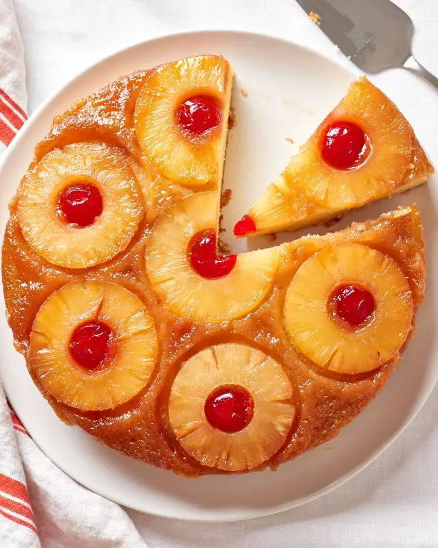 Pineapple Upside-Down Cake with maraschino cherries