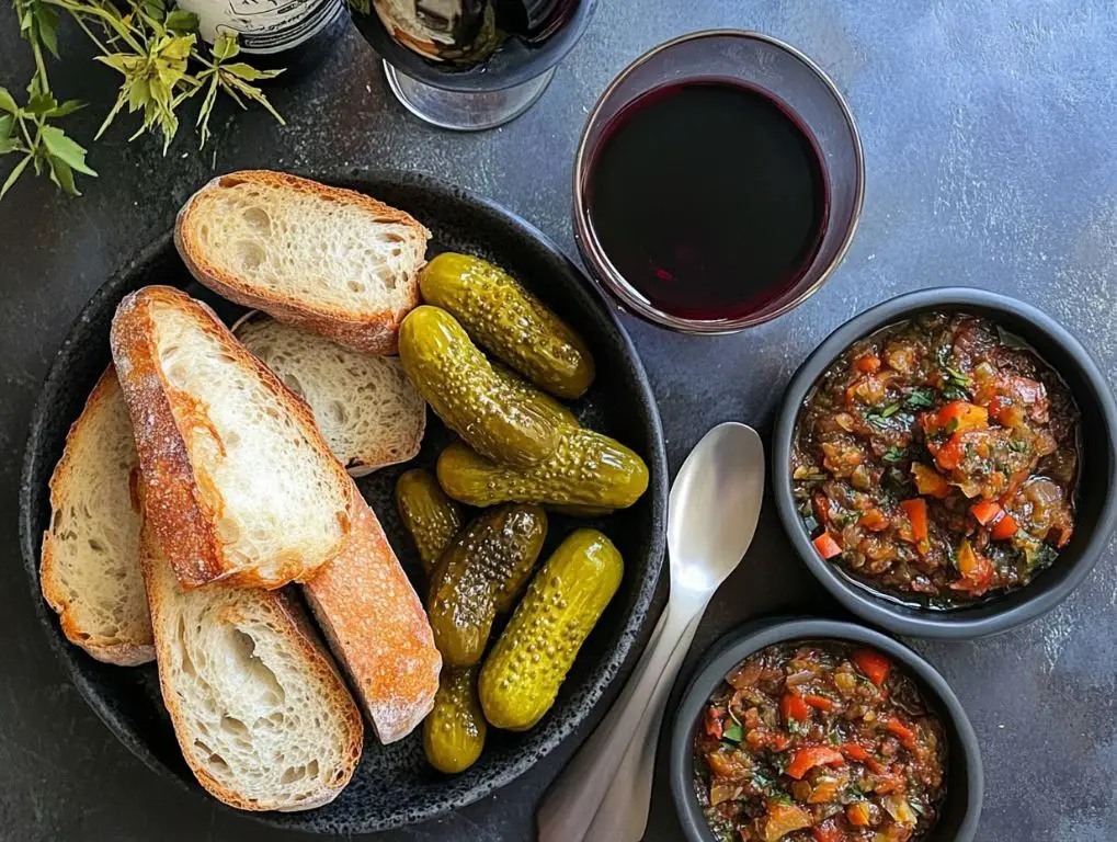 Pâté with crusty bread and pickles