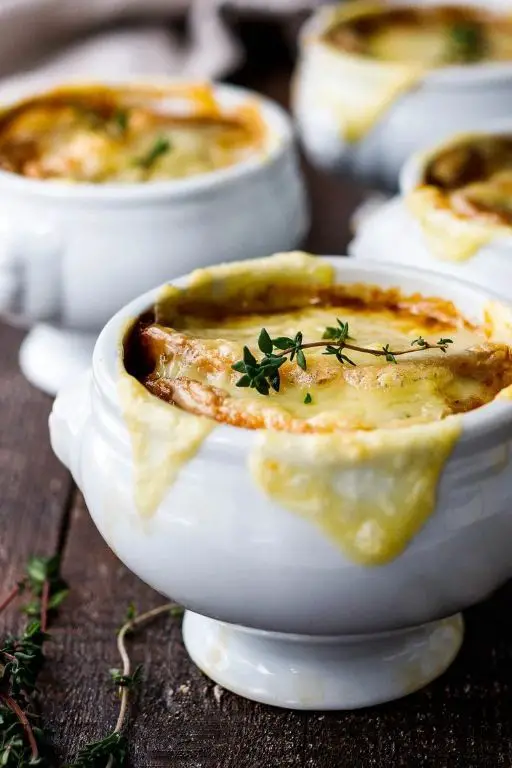 Rich French Onion Soup with melted Gruyère cheese
