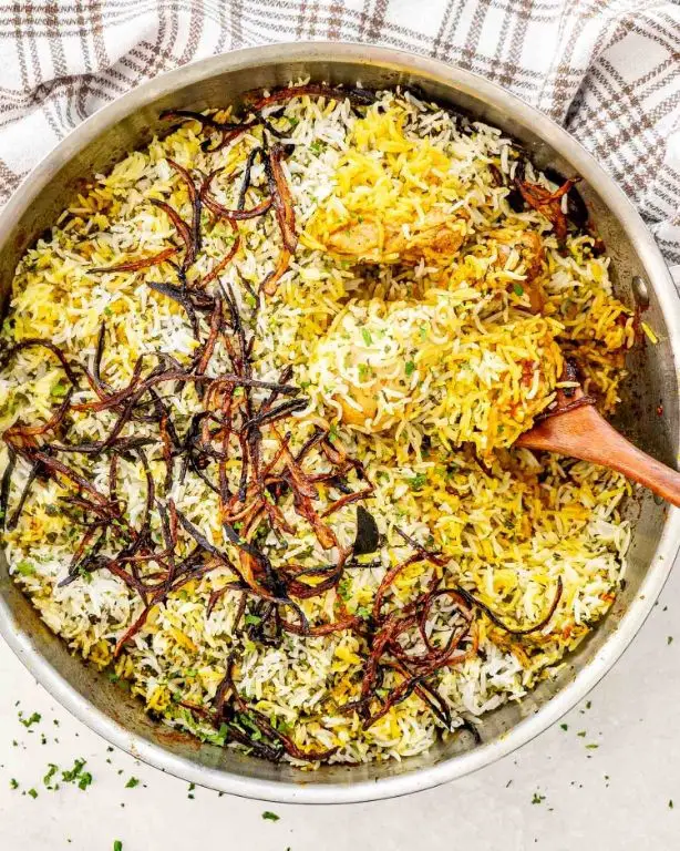 Spicy Chicken Biryani with Fried Onions
