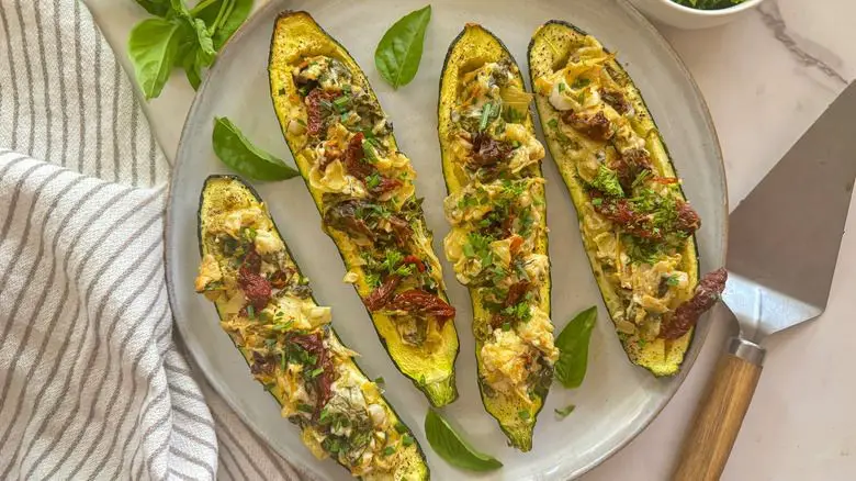 Artichoke Heart and Ricotta Stuffed Zucchini Boats
