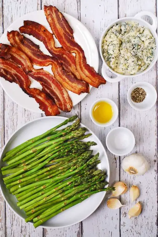 Bacon Wrapped Asparagus with Blue Cheese Crumble