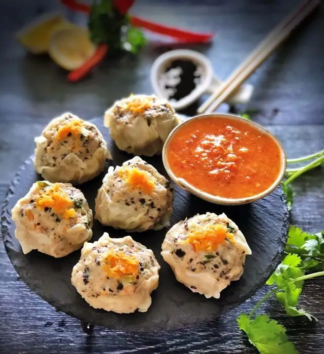 Beef and Carrot Shumai with Spicy Chili Sauce