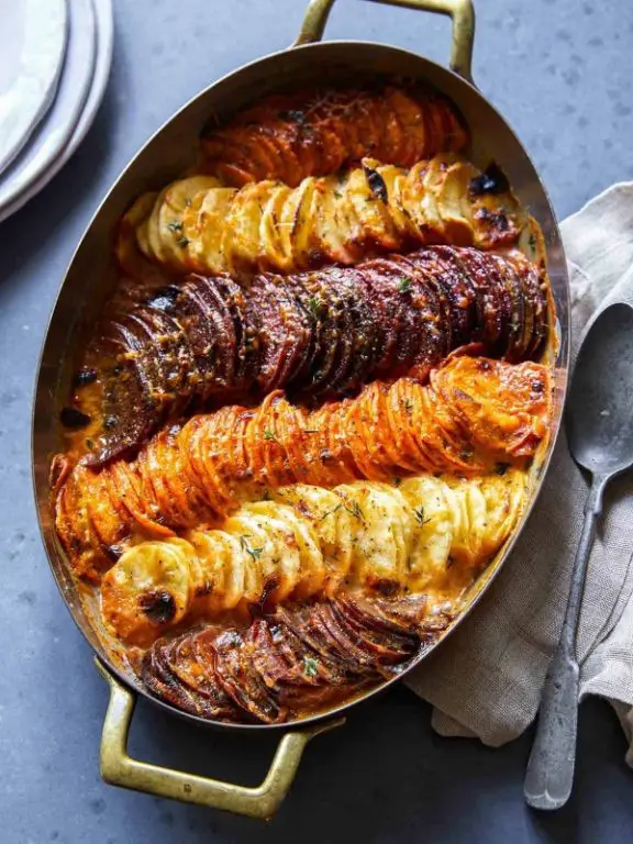 Beet Stem and Sweet Potato Gratin