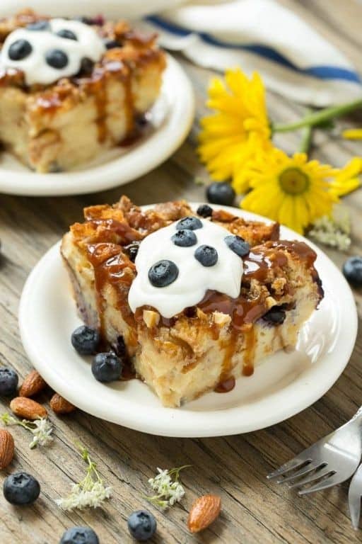 Blueberry Buckle Bread Pudding with Caramel Sauce