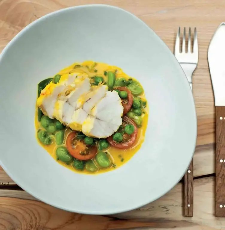Braised Monkfish with Saffron and Peas