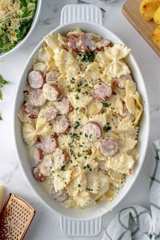 Bratwurst and Pasta Alfredo
