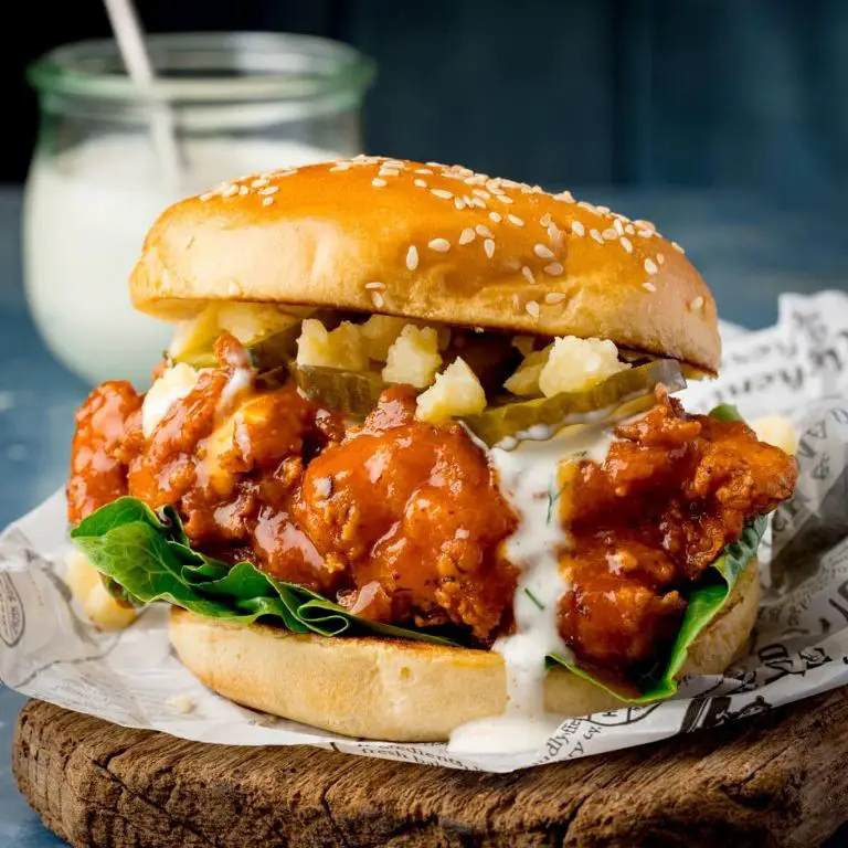 Buffalo Chicken Burgers with Crispy Bacon Strips