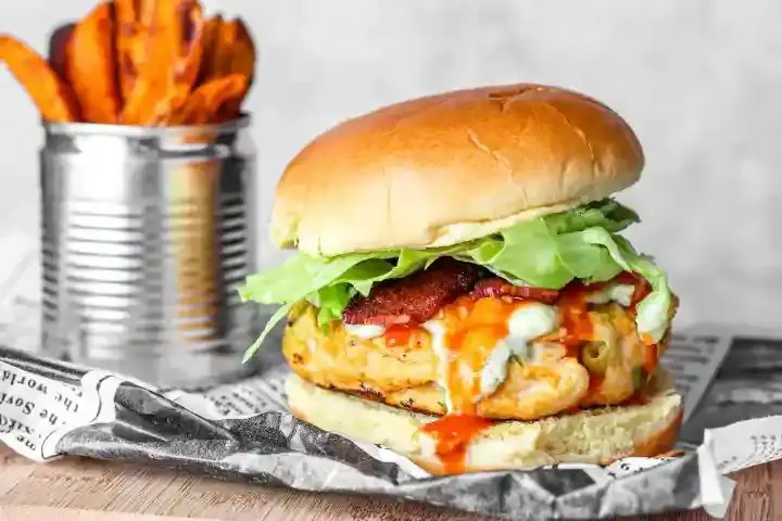 Buffalo Chicken Burgers with Sweet Potato Fries