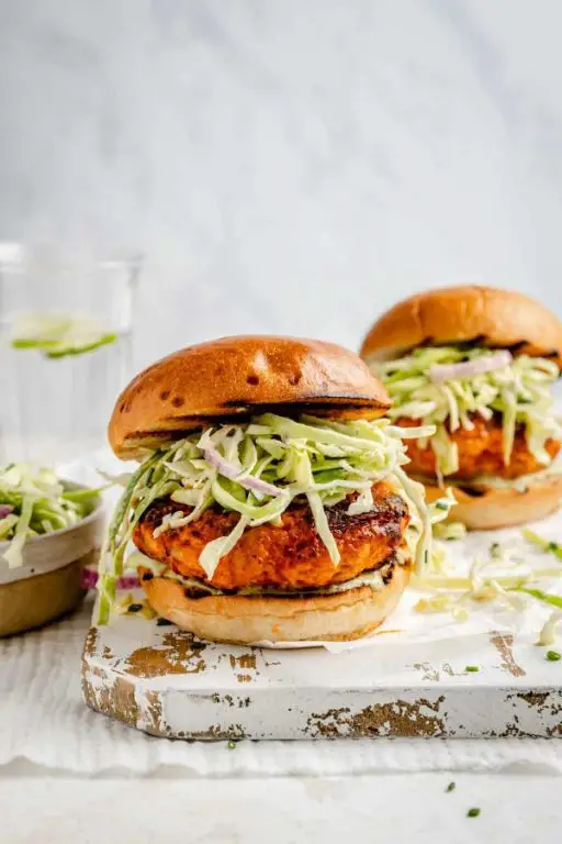 Buffalo Chicken Burgers with Zesty Lime Slaw