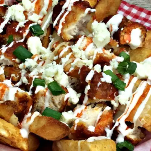 Buffalo Chicken Poutine with Blue Cheese Dressing
