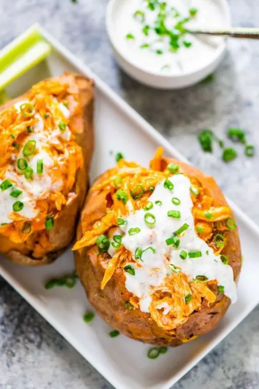 Buffalo Chicken Stuffed Sweet Potatoes