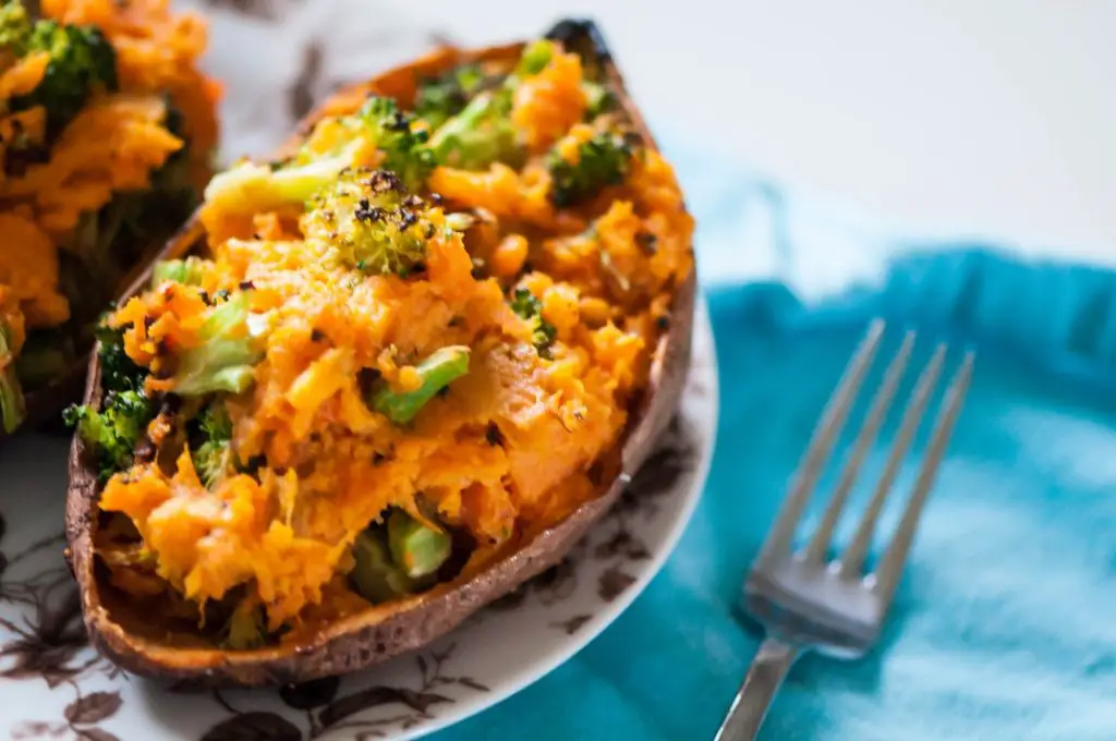 Cheesy Broccoli Stuffed Sweet Potatoes