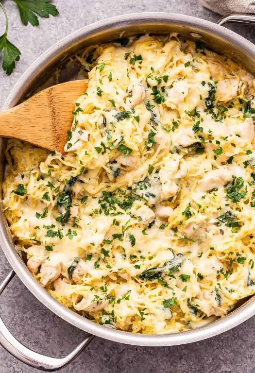 Cheesy Chicken and Spinach Spaghetti Squash